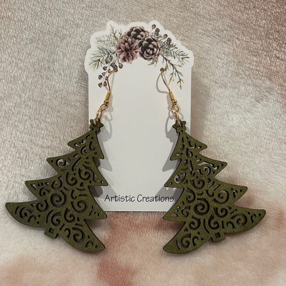 Artistic Creations Wooden Laser Cut Crafted Forest Green Christmas Tree Earrings